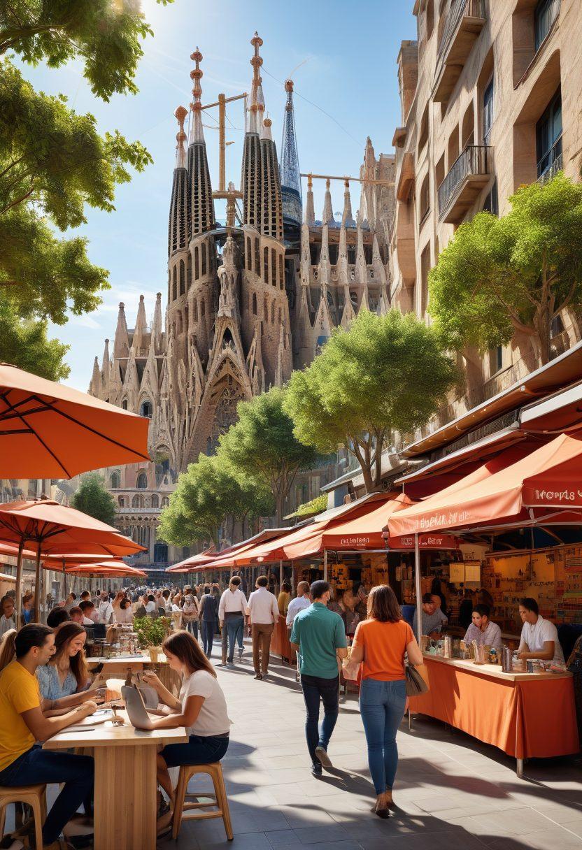 A diverse group of job seekers exploring job opportunities in a vibrant Spanish city, showcasing iconic landmarks like Sagrada Familia and a bustling marketplace. The scene includes individuals of various backgrounds engaging in networking, looking at job postings, and using laptops, emphasizing collaboration and positivity. Bright, inviting colors highlight the energy of the workforce. super-realistic. vibrant colors. 3D.