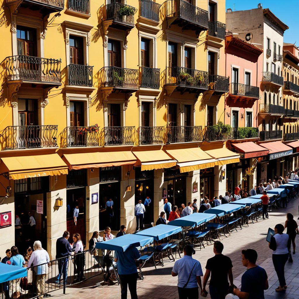 A vibrant scene of a bustling Spanish city street, showcasing diverse job seekers interacting with potential employers at an outdoor job fair. Include elements such as traditional Spanish architecture, banners with job opportunities, and people of various backgrounds enthusiastically engaging in conversations. The sunshine casts a warm glow, enhancing the accessible and welcoming atmosphere. Include subtle icons of job industries like technology, hospitality, and education in the background. vibrant colors. super-realistic.