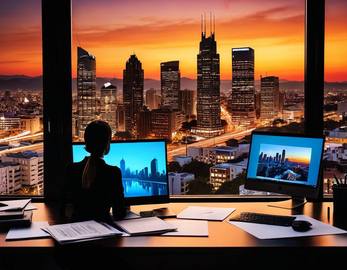 A professional-looking Spanish city skyline in the background, featuring modern offices, silhouettes of diverse professionals engaging in a dynamic conversation, with recruitment documents and a laptop on a stylish desk in the foreground. The scene should reflect optimism and career growth, using warm colors that evoke warmth and professionalism. super-realistic. vibrant colors. 3D.